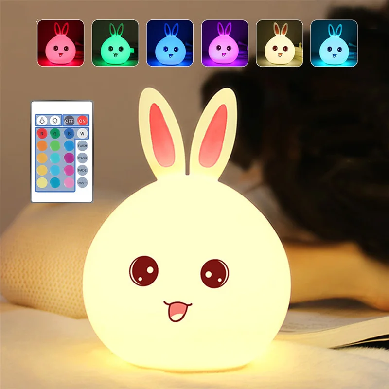 Dozzlor Cartoon Rabbit LED Night Light Remote Touch Sensor Colorful USB Silicone Bunny Bedside Lamp For