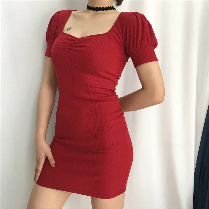 Rapwriter Vintage Square Collar Ruched Short Sleeve Slim Knitted CottonPencil Dress Women New Casual Mini Dress Vestodo