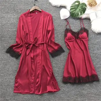 

2019 Lace Robe Pajamas Women Sexy Silk Satin Pajama Set Female Pyjama Set Sleepwear Autumn Winter Home Wear Nightwear for Women