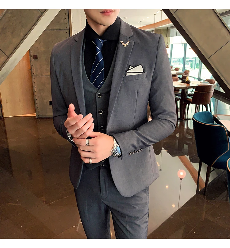 Сплошной цвет slim fit мужской костюм из 3 предметов свадебное платье мужской повседневный деловой пиджак Свадебный Выпускной костюм жениха одежда смокинг