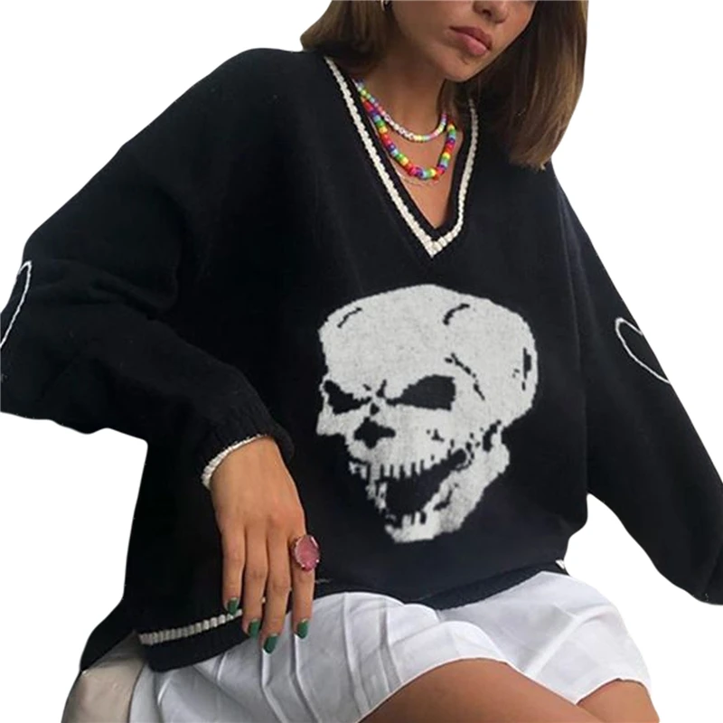 

2020 Skull Pattern Knitted Long Sleeve Casual Sweater For Women Preppy Style V Neck Jumpers Autumn Winter Fashion Knitwear