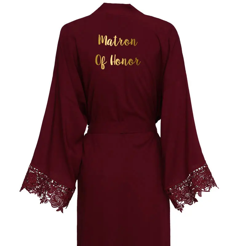 YUXINBRIDAL Новое бордовое однотонное хлопковое кимоно, халаты с кружевом, женское свадебное платье, халат, одежда для сна, белое золото, принт - Цвет: BurgundyMatron Honor