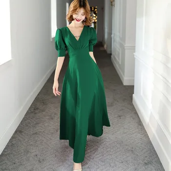 

Puff Sleeve Slim Green Long Party Womens Dress 2020 V Neck High Waist A Line Vestidos Mujer Big Hem Summer Vintage Ladies Dress