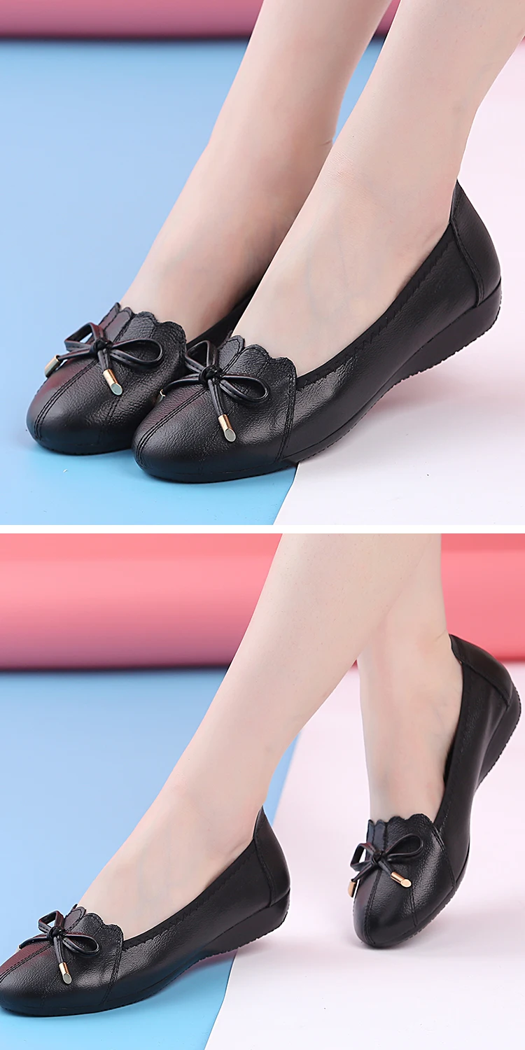 OUKAHUI Spring Autumn Soft Bottom Genuine Leather Ballet Flats With Bow Shoes For Women Loafers Shallow Slip-On Flat Shoes Women