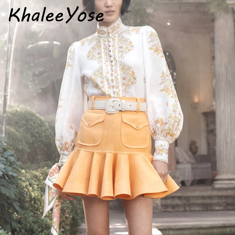 

KHALEE YOSE White Floral Print Blouse Shirt 2019 Autumn Blouses Women Lantern Long Sleeve Button Front Shirts Clothing Female