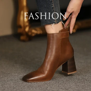 

Women's ankle boots natural leather shoes plus size autumn and winter short boots British sqare toe casual boots platform shoes