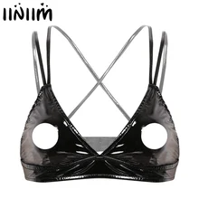 Iiniim, женское нижнее белье, модное, Wetlook, из искусственной кожи, треугольные, открытые чашечки, с дырками, для сосков, для Сисси, с вырезами, с перекрестными ремешками, бюстгальтер, Топ