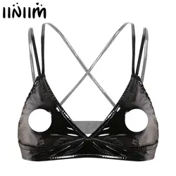 Iiniim, женское нижнее белье, модное, Wetlook, из искусственной кожи, треугольные, открытые чашечки, с дырками, для сосков, для Сисси, с вырезами, с