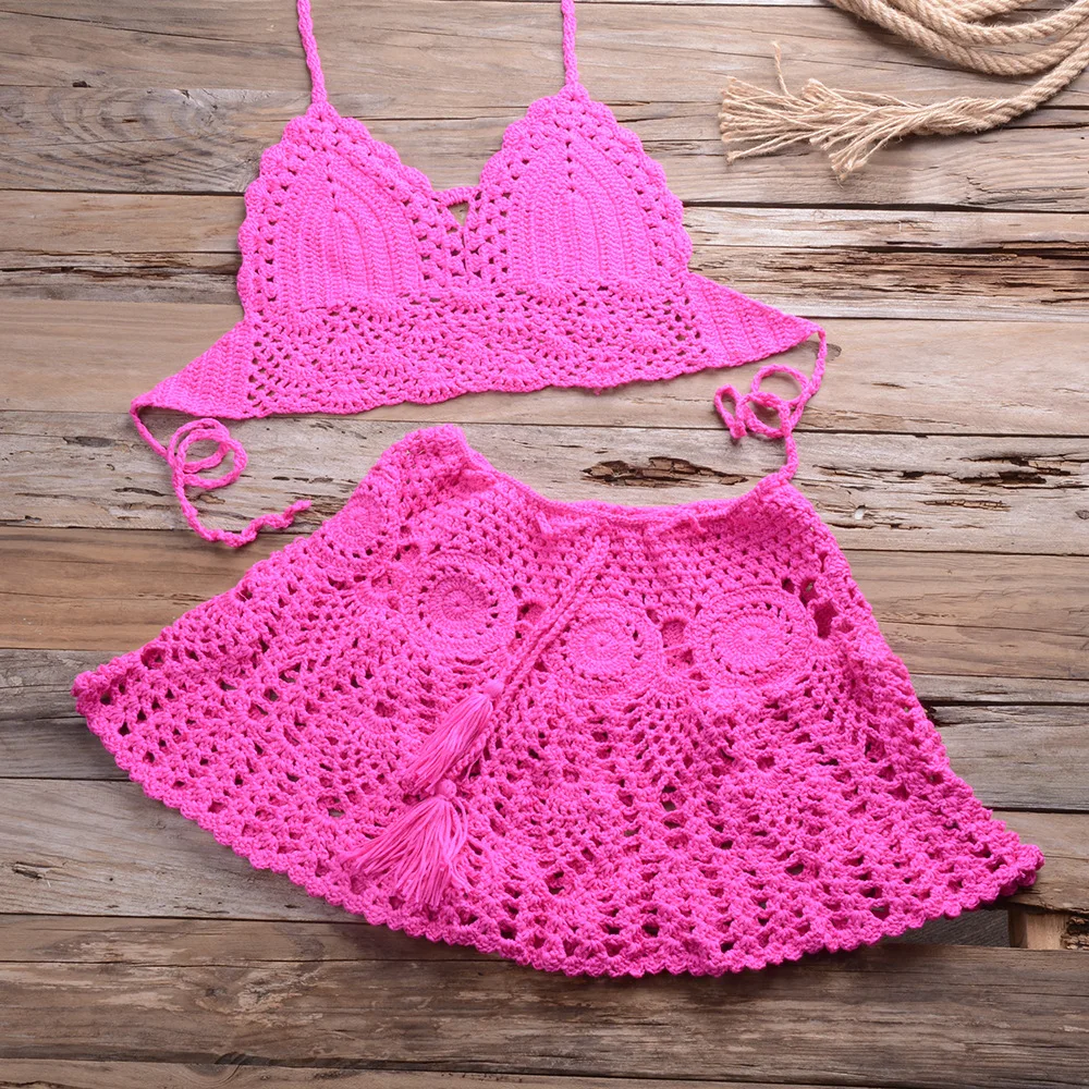 2021 New Crochet 2Pcs/set Beach Cover Up Sexy Women Bra Top+Mini a Line Skirts Bikini Swimsuit Bathing Suit Cover Ups Dress mesh bikini cover up