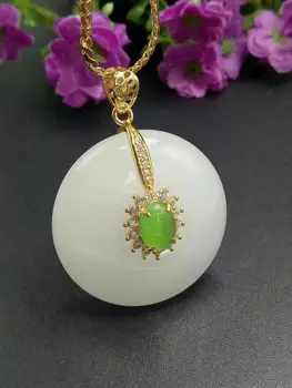 

LETSFUN Unique Fashion Natural White Jade Green Cateye Jade Gemstone Carving Of Peace Buckle Shape Pendant Necklace Wholesale