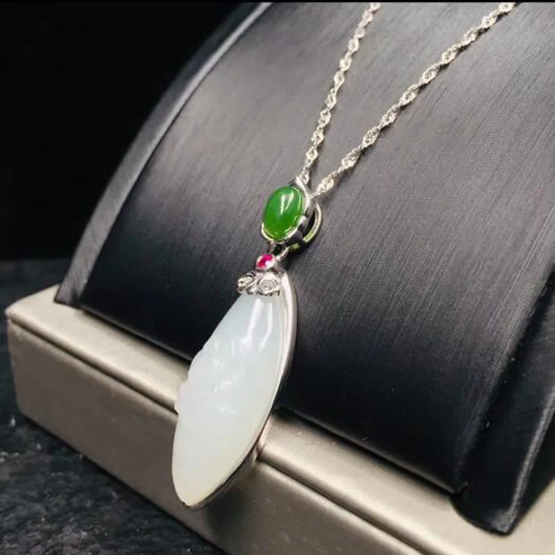 925 Sterling Silver White Green HeTian Jade Inlay Water Drop Lucky Pendant+ Chain Necklace For Women Charm Fine Jewelry Gift