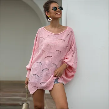 

2019 Autumn and winter European and American sweater female hollow hook loose sweater bat shirt