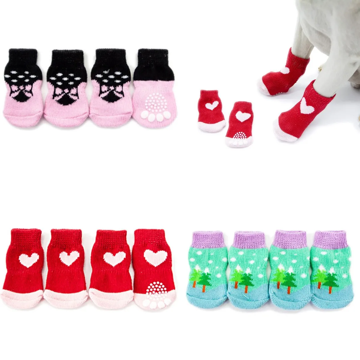4pcs/Set Puppy Dog Knit Socks for Small Dogs Cotton Anti-Slip Cat Shoes For Autumn Winter Indoor Wear Slip On Paw Protector | Дом и сад