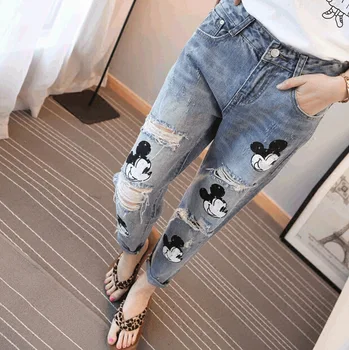 

2020 new women's jeans loose nine-point pants Korean tide hole Mickey was thin pants Harlan pants