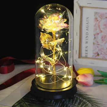 

Artificial Gold Foil Rose Flower LED Light String In Glass Dome On Wooden Base NEW