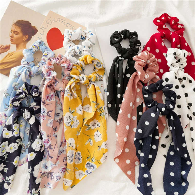 2021 New Chiffon Bowknot Silk Hair Scrunchies Women Pearl Ponytail Holder Hair Tie Hair Rope Rubber Bands Hair Accessories elastic headbands for women