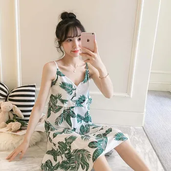 

Green Leaf Female Satin Nightgown Lady Sexy Spaghetti Strap Night Dress Women Nighties Sleeveless Sleepwear Nightwear