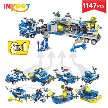 

1147pcs City Police Building vehicle Blocks 8in1 For City Police Team combine Truck Block DIY Education toy bricks For Children