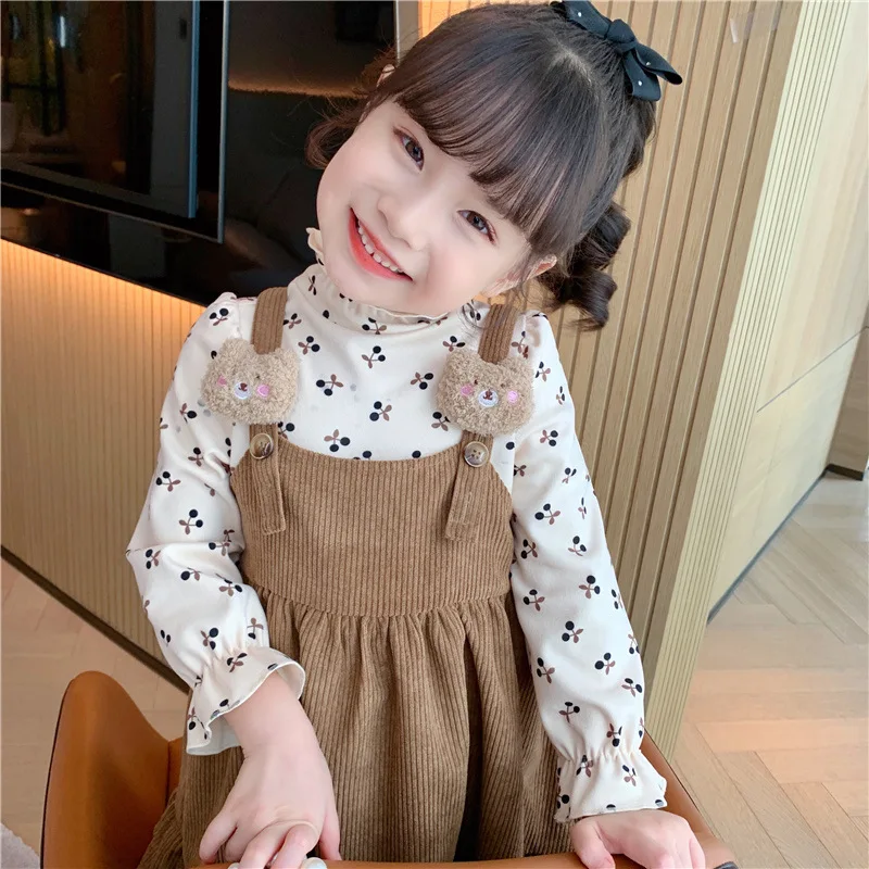 

New Spring Autumn Girls Clothing Set Corduroy Suspender Skirt+ Broken Flowers Long Sleeve Bottoming Shirt 2Piece Suit For Kids