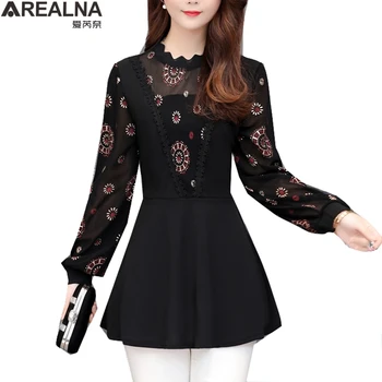

Long Sleeve Casual Floral Chiffon splice lace Blouse women tops Plus Size Fake Two Pieces Streetwear Women's Shirts Blusas Mujer
