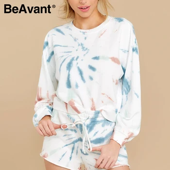 

Beavent Colorful printed long sleeve women suits Two-piece knitted casual female pant High fashion short women jumpsuits 2020
