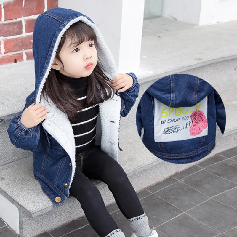 Famli Baby Girls Jeans Jacket 2019 Winter Toddler Denim Fleece Jacket Kids Hooded Coats Children