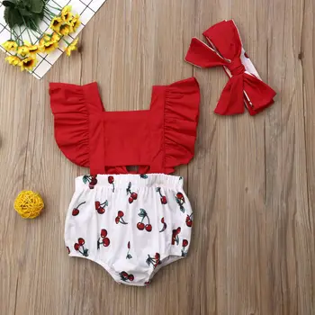 

2pcs Newborn Baby Girls Ruffle Cherry Bodysuit Headband Sunsuit Outfits Summer Pachwork Baby Bodysuits Babygrow Girls Clothes