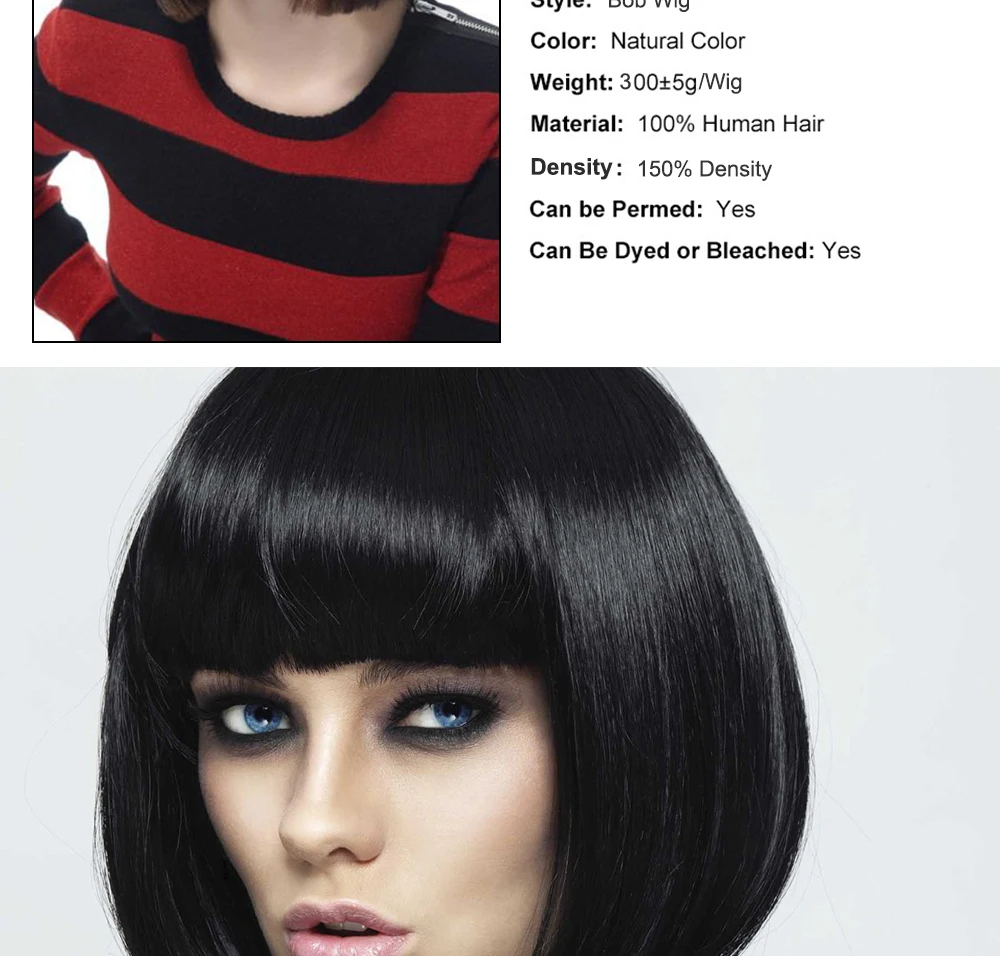 Perucas de Cabelo Brasileiro com Franja Peruca com Franja para as Mulheres Humano Reta Negras Remy Cabelo Completo Máquina Peruca Bang Curto Bob 100% 6 High Quality Apliques e perucas