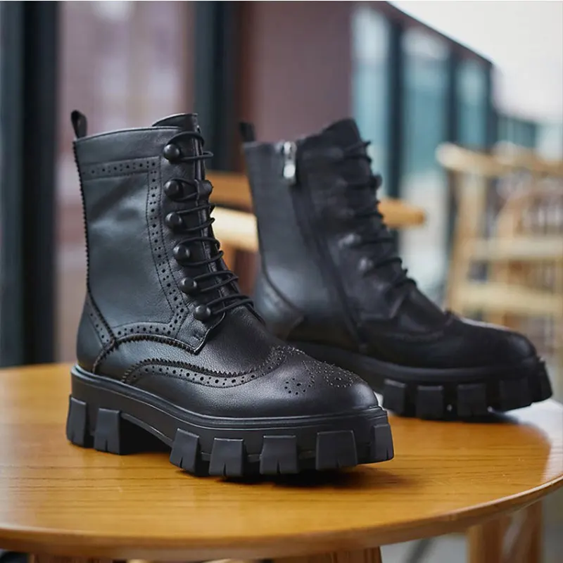 

Women's Genuine Leather Round Toe Boots Platform Martin Boots Ankle Cross Straps Brogue Wingtip Bootie Motorcycle Boots