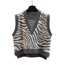 

Spring Autumn Zebra Stripes Knitted Sweater Vest Women Deep V Neck Loose Casual Sweater Vest 2021 New Fashion Cottagecore Wear