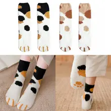 Женские зимние пушистые Пушистые Носки-тапочки; милые теплые носки для сна из плотного бархата кораллового цвета с рисунком кота и лапы