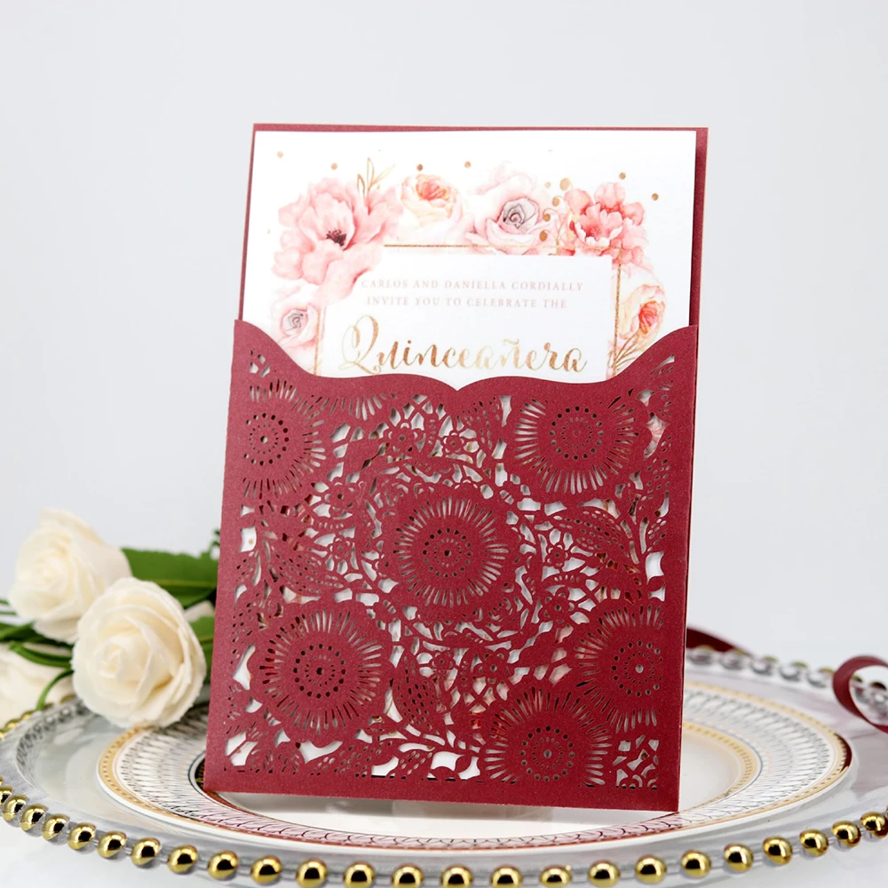  10pcs Gold Red White Laser Cut Luxury Flora Wedding Invitations Card Elegant Lace Favor Print Envel - 4000295902841