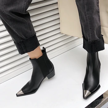 

LAIGZEM Desinger LEATHER Women Ankle Boots Metal Toe Chunky Heels Chelsea Booties Spring Ladies Shoes Woman Large Size 39 43