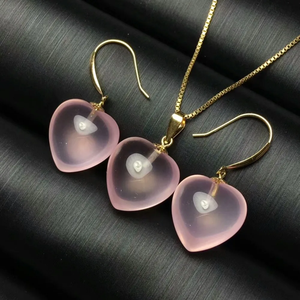 

MeiBaPJ Top Quality Natural Pink Rose Quartz Jewelry Set Real 925 Sterling Silver Earrings Necklace Fine Siut Wedding Jewelry