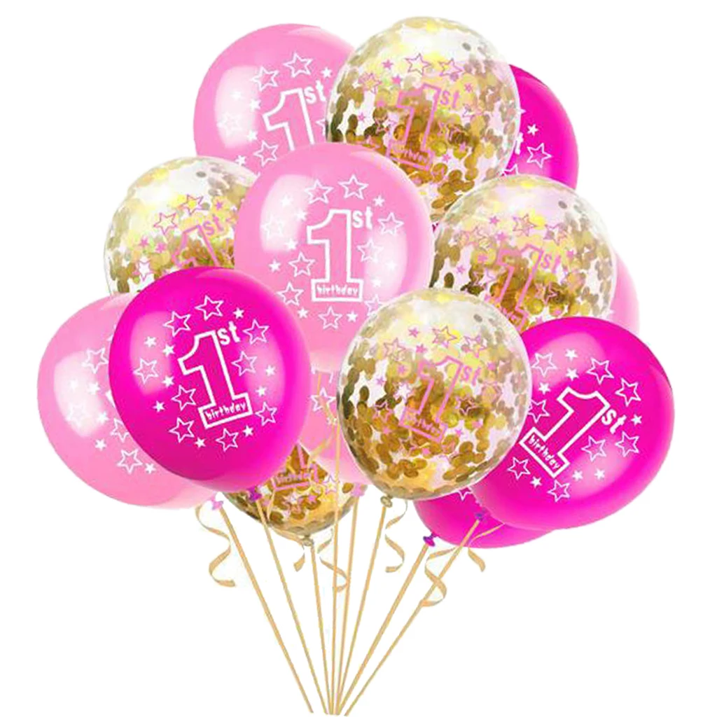 15 Pack Premium Quality Latex Balloons with Paillette Confetti and Ribbon 1st  Birthday Party Baby Shower Decor Accessory