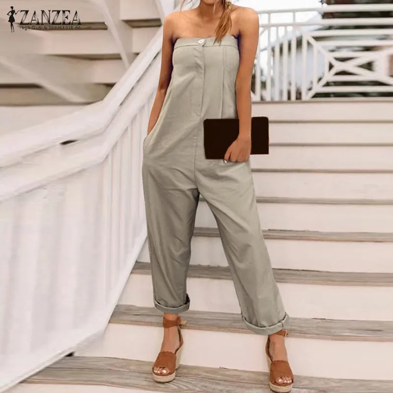 

2019 Summer Off Shoulder Rompers Women's Jumpsuits ZANZEA Fashion Strapless Work OL Playsuits Female Solid Overalls Pencil Pants