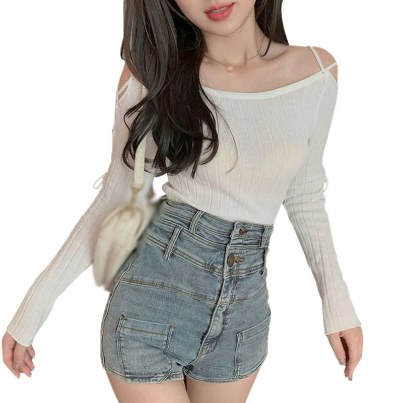 

Women Sweaters Ladies Long Sleeve O neck Tops Temperament Fashion Design Sense Strap Sexy Wild Thin Sweater Solid Colors