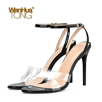 

Wanhuatong Summer Transparency PU Croass-Strap Buckle Minimalism Sexy Party Heeled Sandals Size45