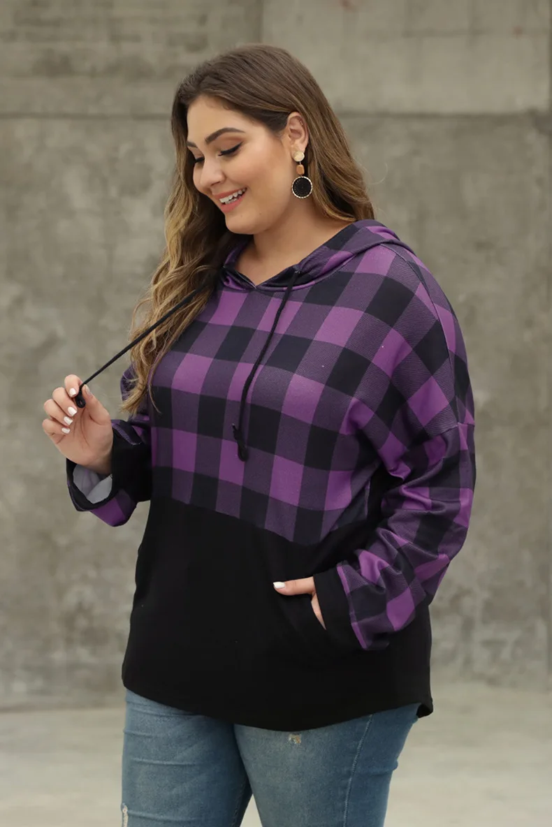 Hoodie Women's New Style Autumn And Winter Hooded Pullover Europe And America Plaid Contrast Color Joint Loose-Fit Plus-sized To