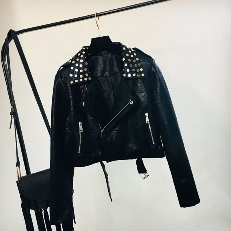 

2020 Autumn Heavy work Rivet Short Slim Faux PU leather jacket with belt Women black zipper Motorcycle jacket Streetwear Female