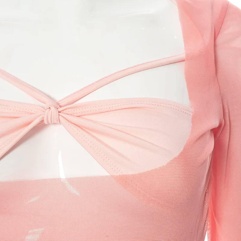 Goth Dark Y2k Punk Mesh See Through T-shirts Women Cyber Sexy Summer Halter Tops Lace Up Techwear Black Patchwork Split Clothes