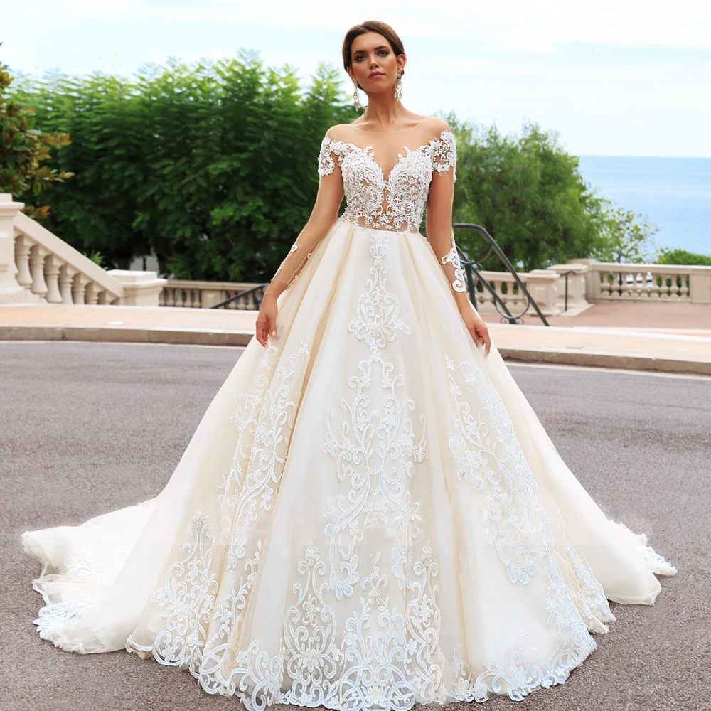 Vestido De Noiva Loverxu соблазнительное длинное с открытой спинкой рукавом бальное платье свадебное платье с круглым вырезом шеи аппликации бисером свадебные платья в стиле винтаж