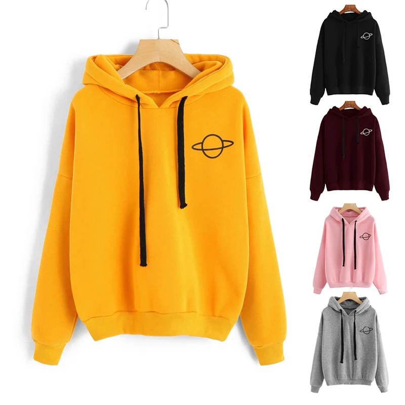 

2019 New Planet Print Drop Shoulder Hoodie Women Yellow Pullovers Spring Autumn Ladies Hooded Full Sleeve Sweatshirt Trend