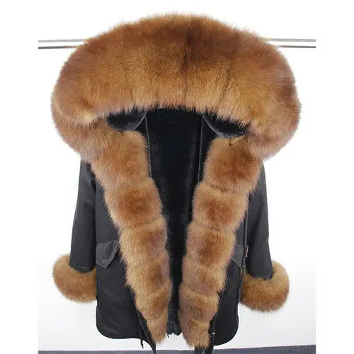 Black5 With Fur Cuff Лидер продаж Женская натуральный мех лисы парка пальто куртка с капюшоном Подкладка из кроличьего меха Рекс пальто - Цвет: Black5 With Fur Cuff