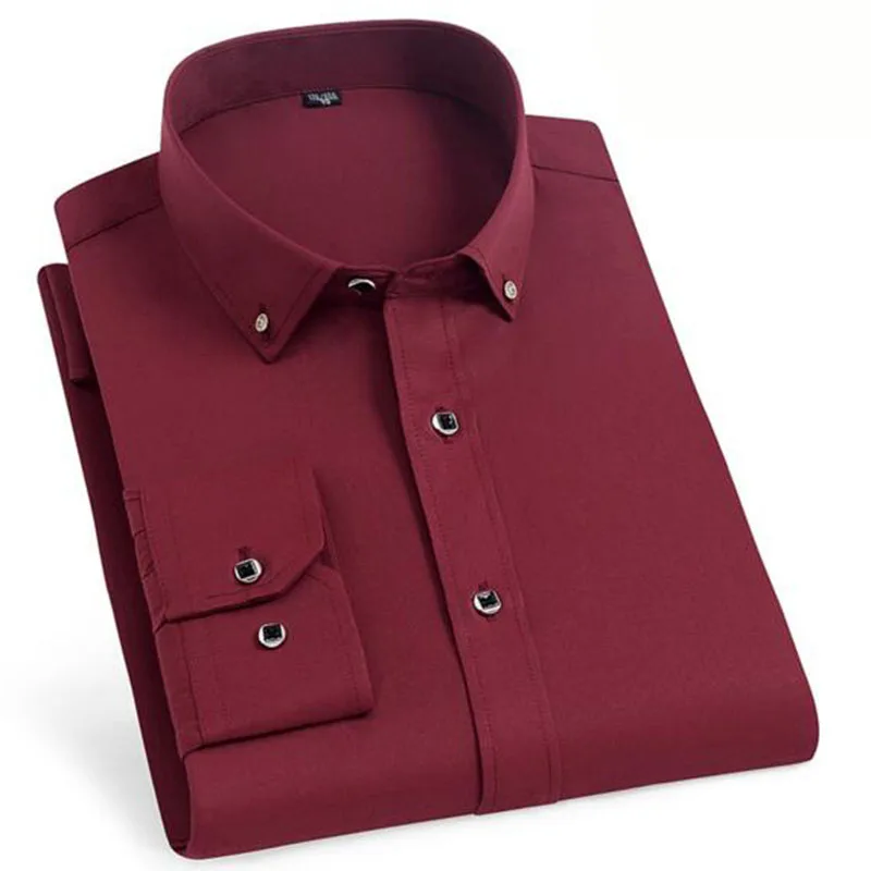Мужские рубашки с длинными рукавами и отложным воротником для работы Camisa, воздухопроницаемая Удобная однотонная одежда ярких цветов с кристаллами - Цвет: redc