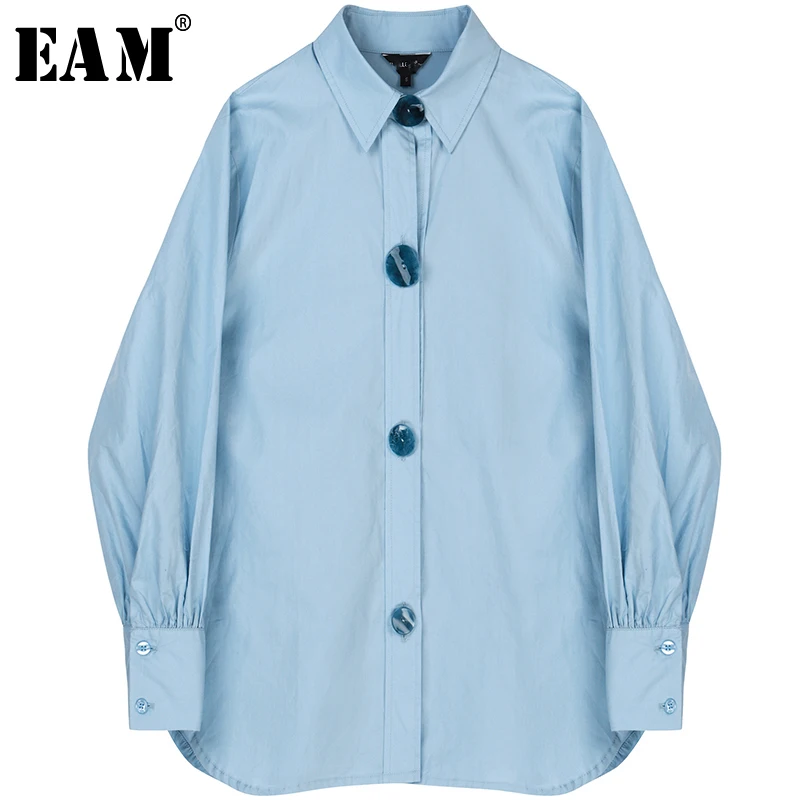 

[EAM] Women Amber Button Blue Big Size Blouse New Lapel Long Sleeve Loose Fit Shirt Fashion Tide Spring Autumn 2019 1A058