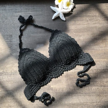 섹시한 여름 해변 니트 단색 홀터 레이스업 비키니 탑, 여성 캐주얼 비치웨어 수영복, 비키니 브라, 신제품