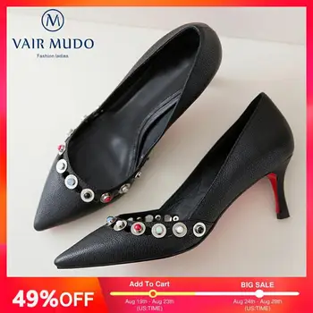

VAIR MUDO Women Pumps Shoes Spring Autumn Genuine Leather Mid Heels Black White Color Pointed Toe Thin Heels Shoes Women D87L