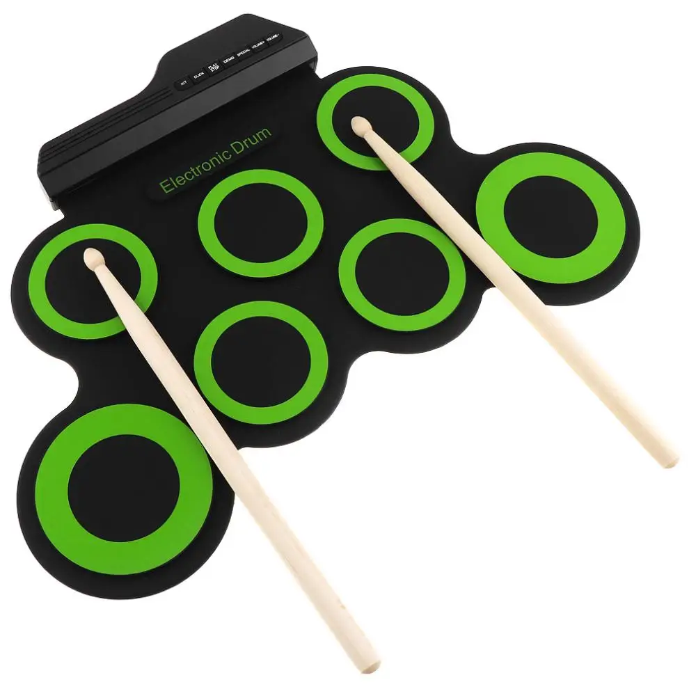 Портативный электронный цифровой USB 7 подушечек свернутый набор силиконовый зеленый Электрический барабанный комплект с барабанными палочками и поддерживающей педалью Горячий