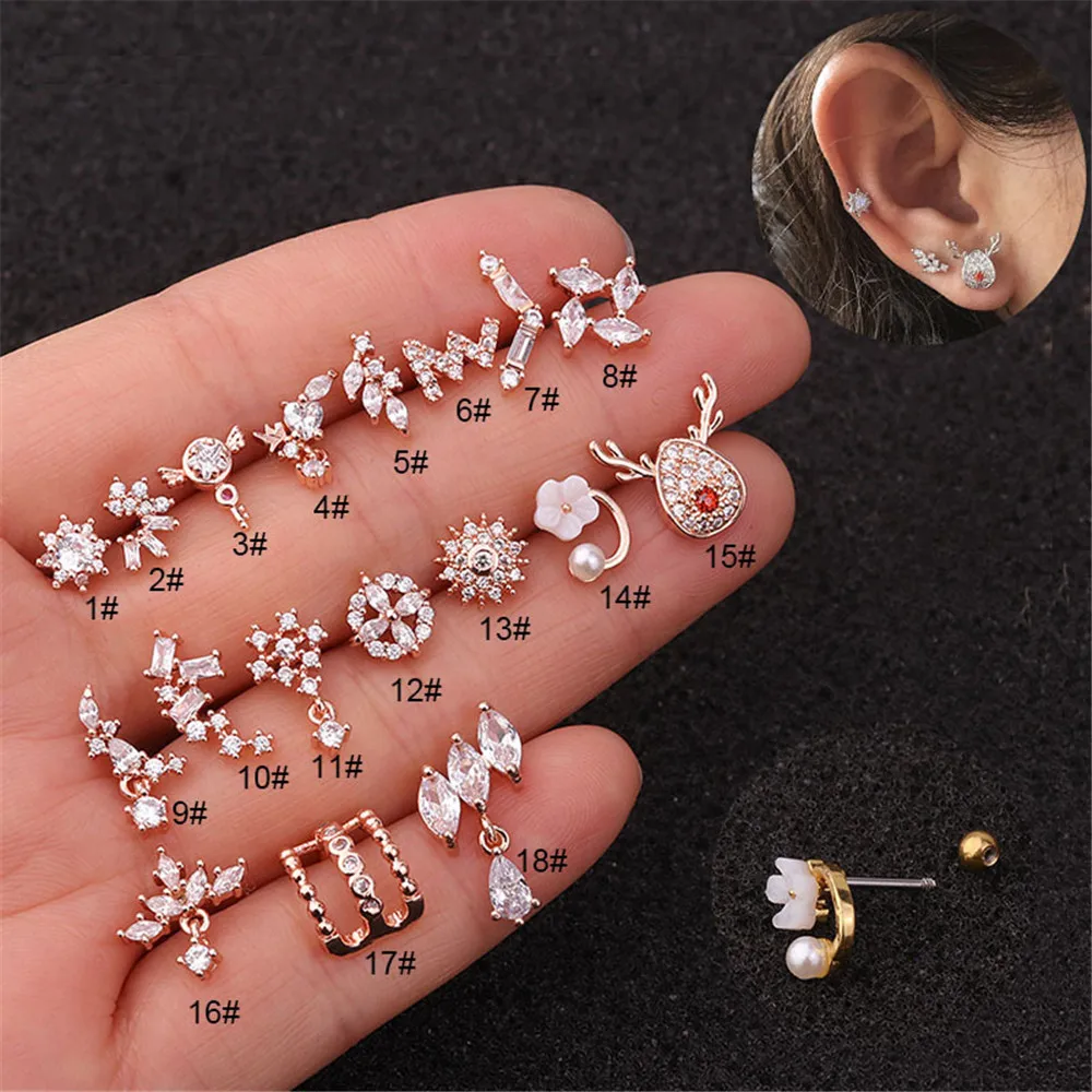 TTLIFE Stainless Steel CZ Crystal Flowers Barbell Tragus Cartilage Helix Rook Conch Lobe Ear Piercing Earring Stud 20G | Украшения и